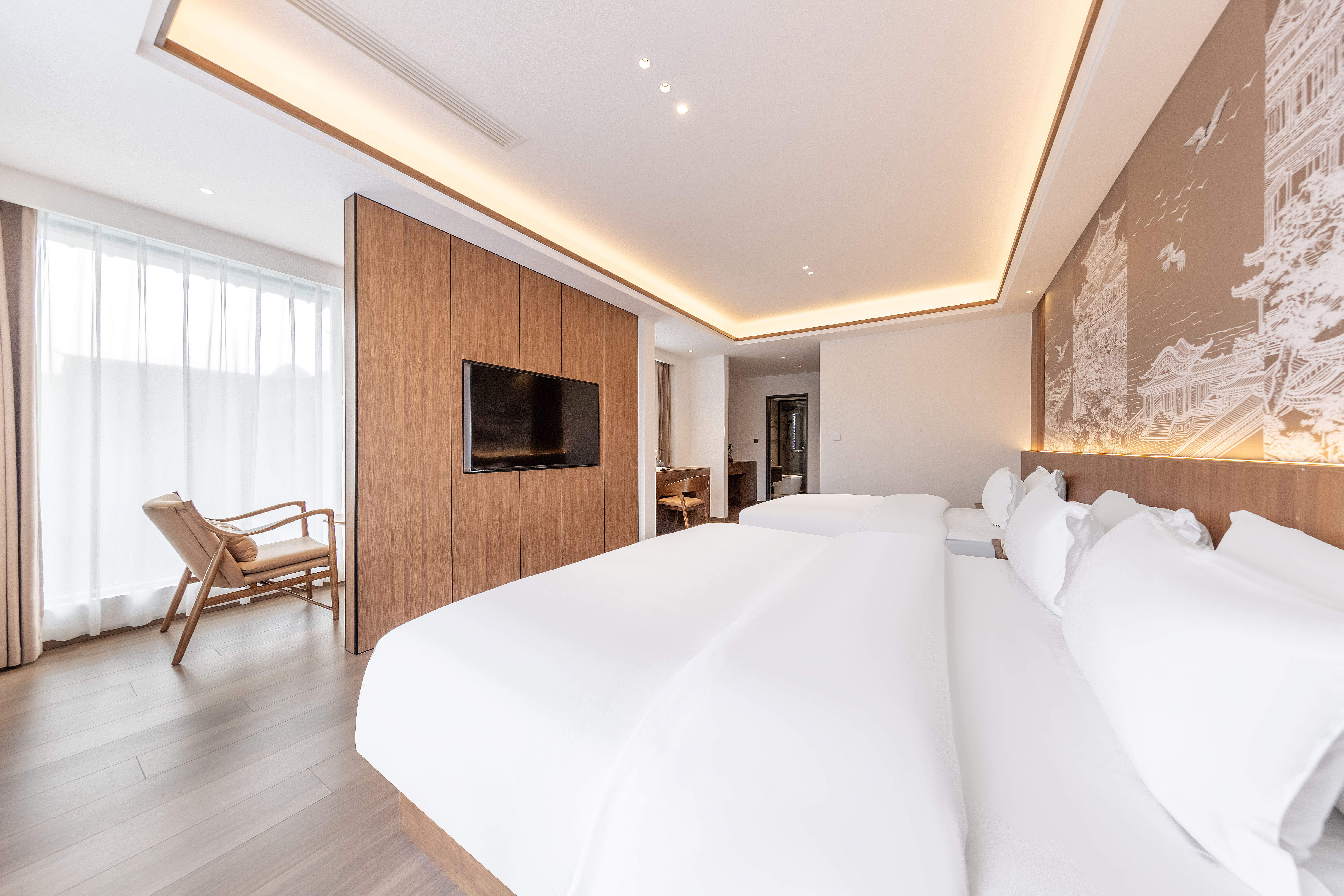 Majestic Mountain And River View Family Twin Room (Smart Voice Control + Smart Toilet + Bathroom Wet-Dry Separation + Floor-to-Ceiling Window)