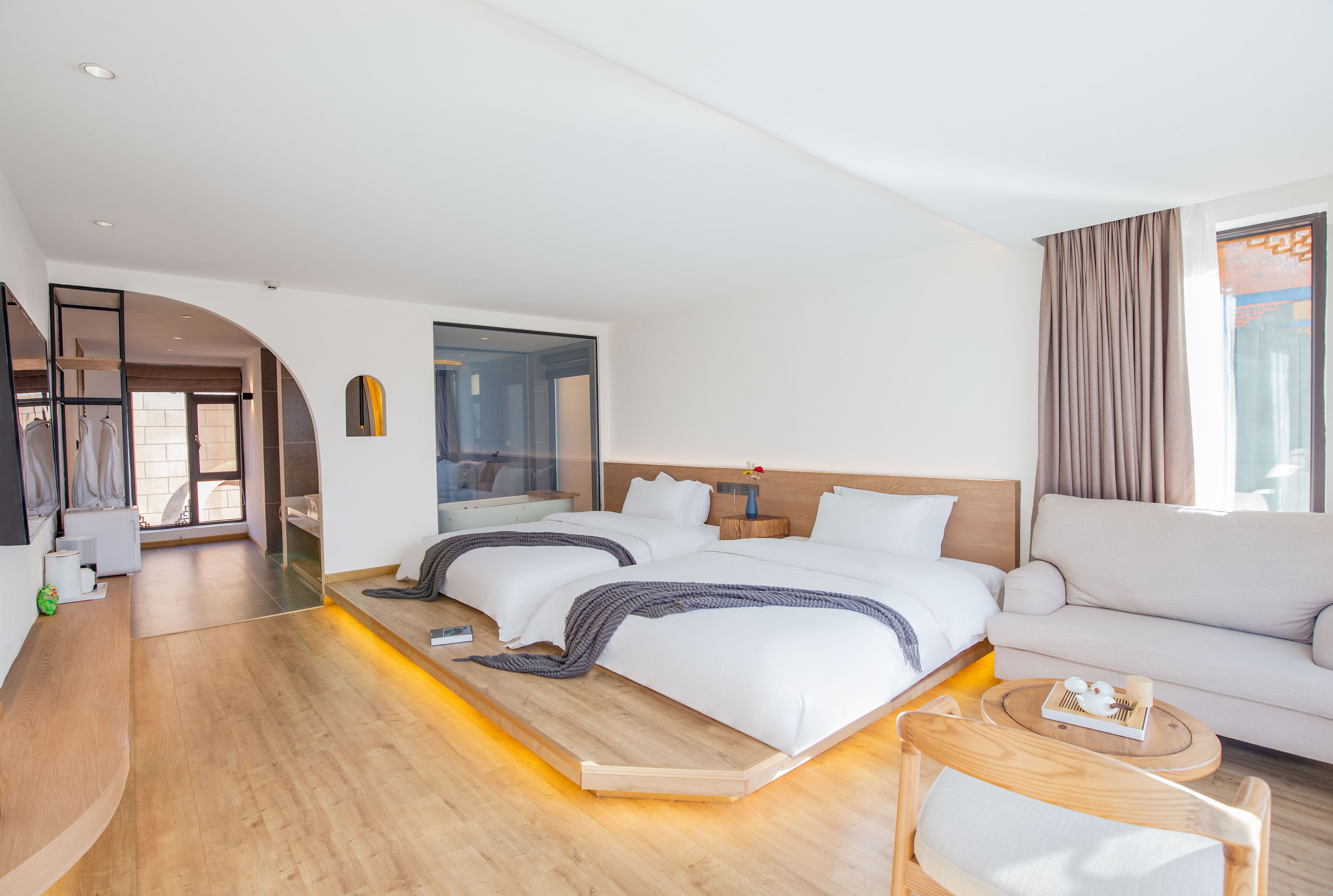 无敌湖景榻榻米双床房-地暖-洗衣机-晨雾美景-日落晚霞