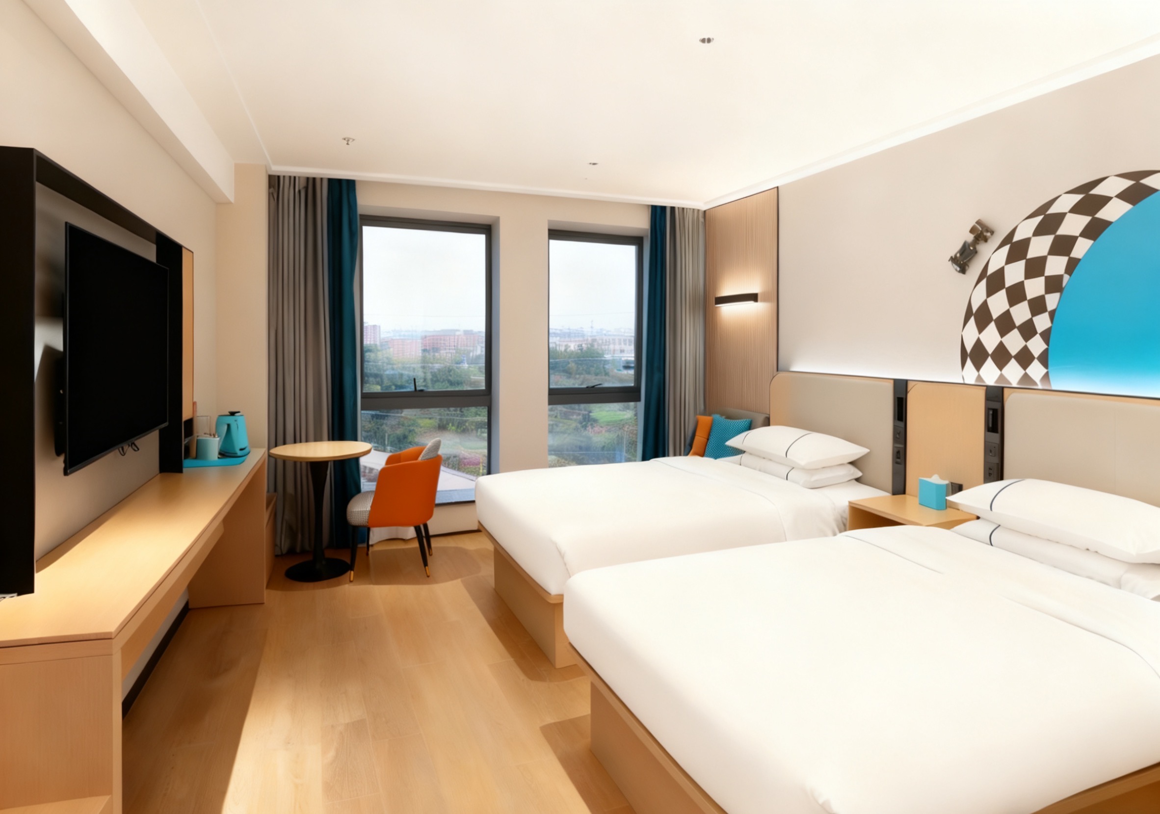 城景双床房-高空城景+办公桌椅+落地窗全景采光