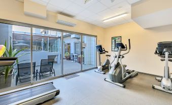 a gym with various exercise equipment , including treadmills and stationary bikes , is situated next to a sliding glass door at Argus Hotel Darwin