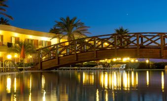 a wooden bridge spanning over a body of water , with palm trees and a building in the background at Hotel Poseidon