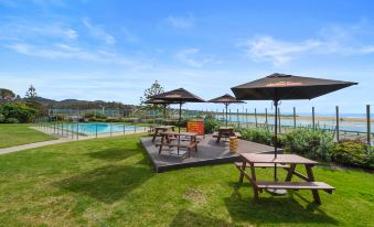 a serene outdoor area with umbrellas , tables , and chairs , surrounded by lush greenery and a swimming pool at Scamander Beach Resort