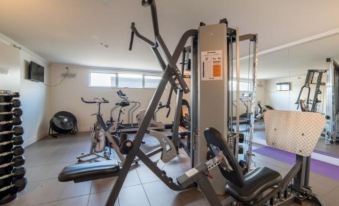 a well - equipped home gym with various exercise equipment , including a treadmill , weights , and a stationary bike at Sacred Waters Taupo