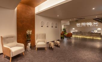 a modern living room with white furniture , a vase of flowers , and a dog walking in the entrance at Hako Hotel (Mount Austin)