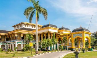 a beautiful , ornate building with a yellow facade and green roof is surrounded by palm trees and a path at Alpha Inn