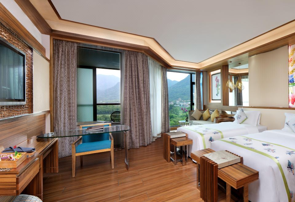 园景温泉双床房-私家泡池-认证温泉水入房-景观阳台-独立浴缸