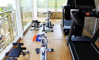 a gym with various exercise equipment , including treadmills and stationary bikes , is shown in front of large windows at Sapphire Sky Hotel & Conference
