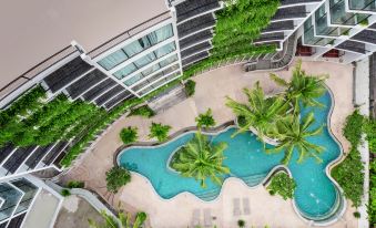 An overhead view reveals a swimming pool in the foreground, with the building situated directly behind it at Hotel Vellita Siem Reap