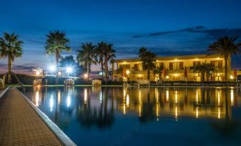 a large pool of water is surrounded by palm trees and illuminated by lights at night at Hotel Poseidon