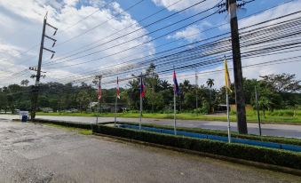 a street with power lines and a road lined with electric poles , surrounded by grass and trees at Phu nga Hotel