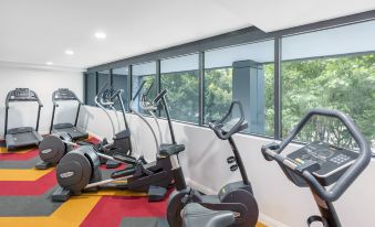 a gym with various exercise equipment , including stationary bikes and ellipticals , is shown in front of a large window at Meriton Suites North Sydney
