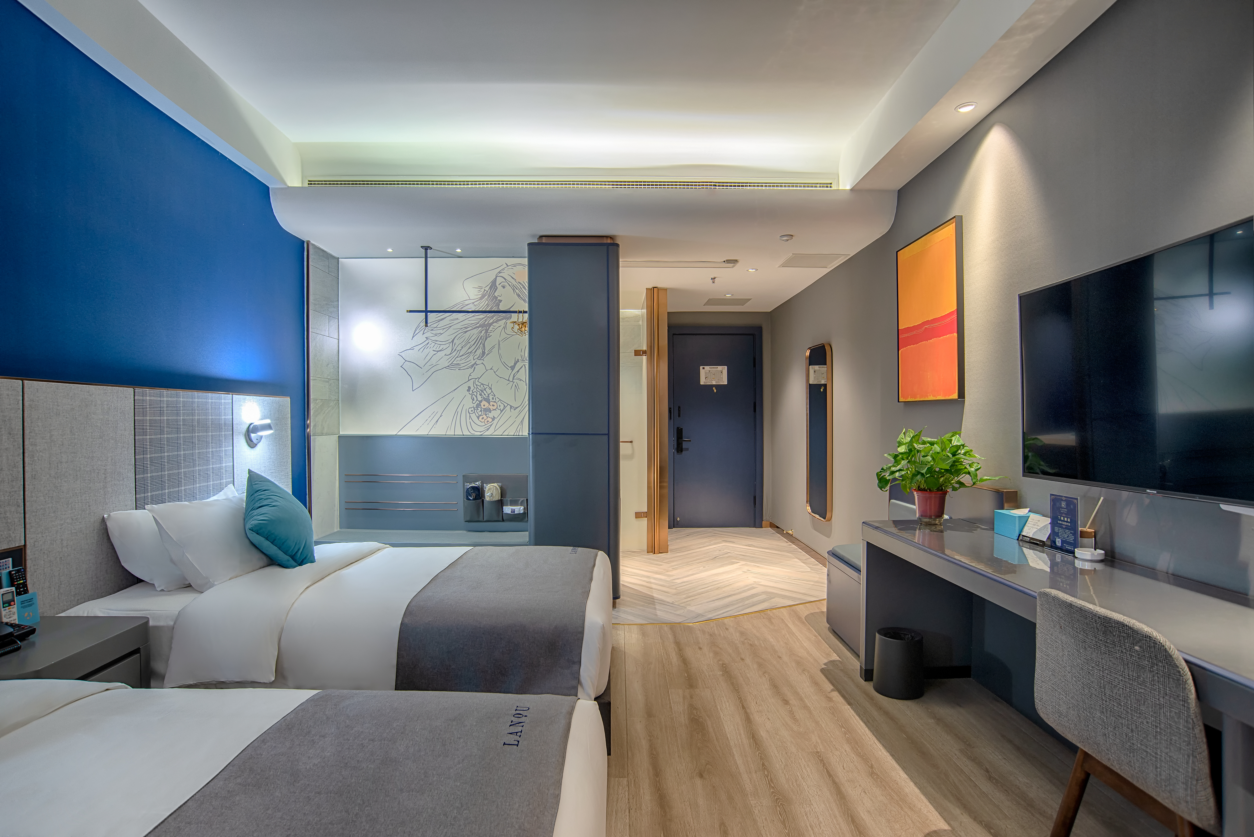 兰沁豪华双床房-全屋智能语音控制+金可儿床垫+小冰箱