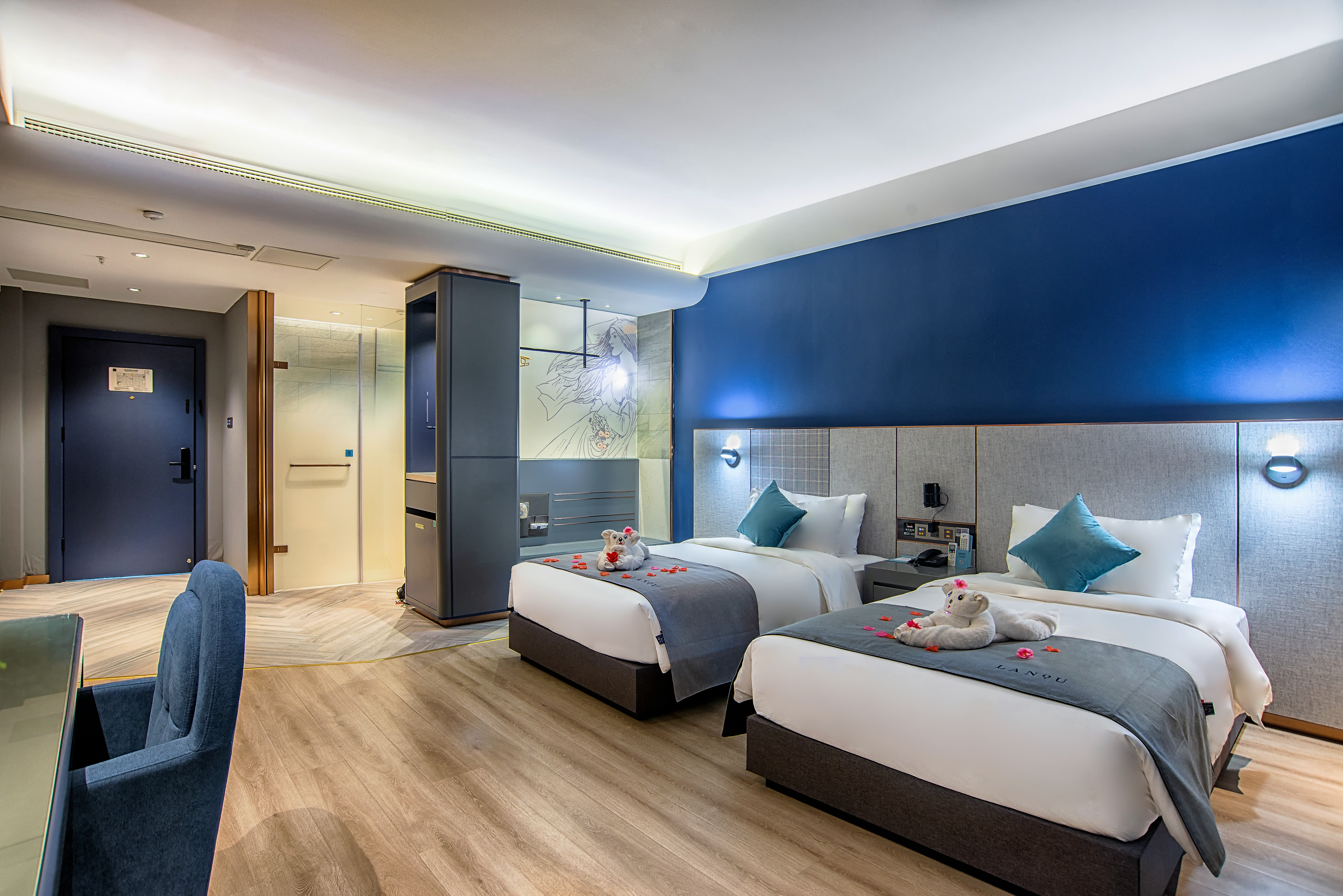 兰沁豪华双床房-全屋智能语音控制+金可儿床垫+小冰箱