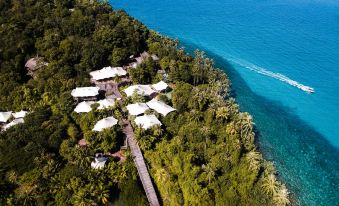 an aerial view of a tropical resort with white buildings surrounded by trees and blue water at Soneva Kiri