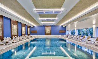 a large indoor swimming pool with a blue and white tiled floor , surrounded by lounge chairs and shelves at DoubleTree by Hilton Malta