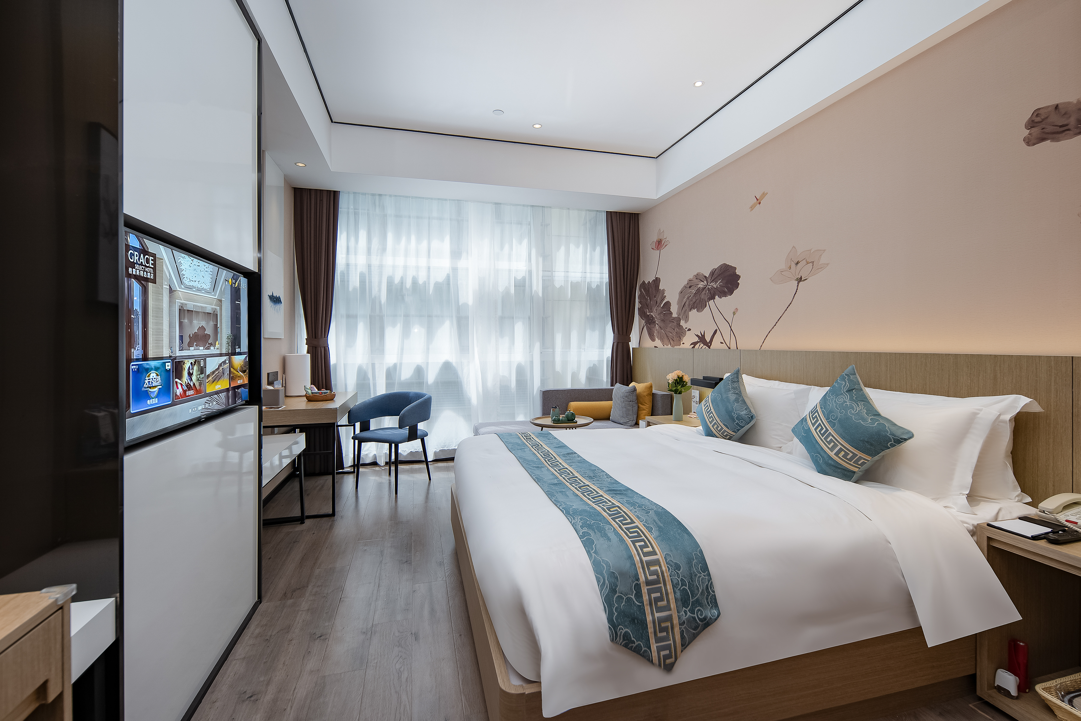 格雷斯精选大床房（空气净化器+迷你冰箱+180°落地窗）