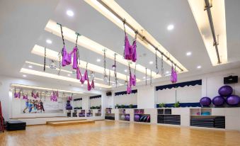 a large room with wooden floors and walls , filled with various exercise equipment and pink hanging ropes at Golden Hotel