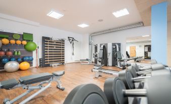 a well - equipped gym with various exercise equipment , including weight machines and free weights , under bright lights at Hotel Adler - Paulas Alb