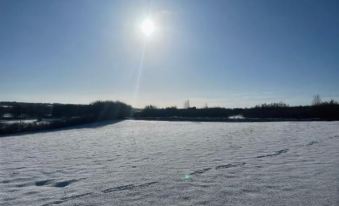 a vast snow - covered field under a clear blue sky , with the sun shining brightly in the background at The Boot Inn