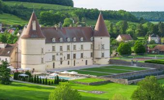 a large , white castle with red - tiled roofs and multiple towers , surrounded by lush green gardens and trees at Hotel Golf Chateau de Chailly
