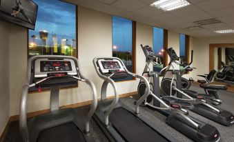 a gym with multiple treadmills and stationary bikes , along with large windows overlooking a cityscape at Hilton Garden Inn Monterrey Airport