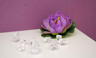 a purple paper flower with green leaves is placed on a white surface , surrounded by small , clear crystal pieces at Magic Rainbow