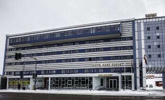 a modern hotel building with blue and white stripes , located on a snowy street with trees in the background at Hotel Hans Egede
