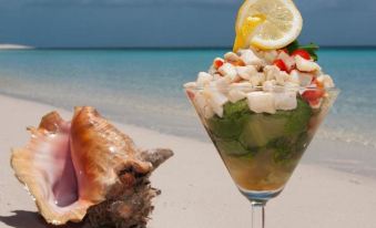 a cocktail glass filled with a refreshing drink , surrounded by a variety of food items on a beach at Bohio Dive Resort