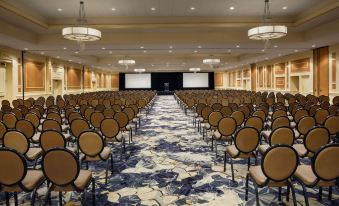 a large conference room with rows of chairs arranged in a symmetrical fashion , and a podium at the front at DoubleTree Boston North Shore Danvers