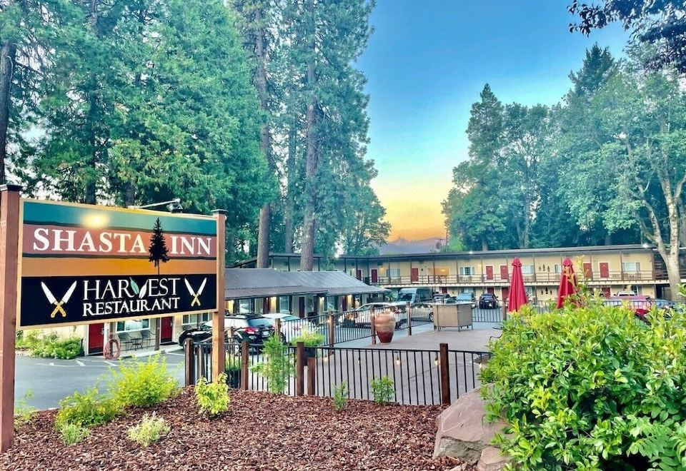 "the exterior of the shasta inn with a sign that says "" harvest restaurant "" and another sign for "" rising sun motel .""." at Shasta Inn
