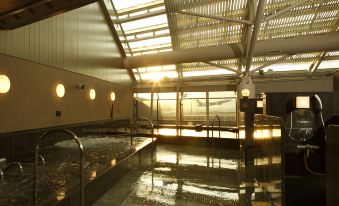 a large indoor swimming pool with a glass roof , allowing sunlight to fill the space at Centrair Hotel