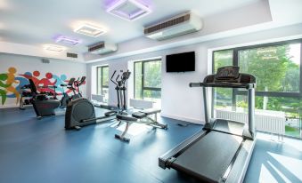 a well - equipped gym with various exercise equipment , including treadmills and weight machines , positioned near large windows at Hampton by Hilton Oswiecim