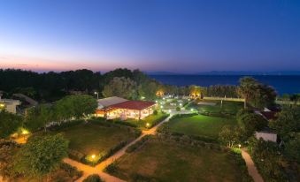 an aerial view of a resort at night , with a large building and lush greenery in the foreground at Bayside Hotel Katsaras