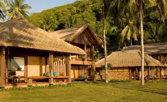 a large house with a thatched roof is surrounded by a lush green lawn and palm trees at Jeeva Klui Resort