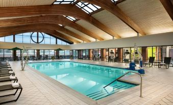 an indoor swimming pool surrounded by a glass wall , with people enjoying their time in the pool at Holiday Inn Washington-Dulles International Airport, an IHG Hotel