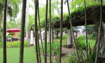 a lush green garden with tall bamboo plants and a wooden bridge , creating a serene atmosphere at Mount Sea Resort Hotel and Restaurant Cavite