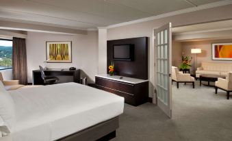 a hotel room with a king - sized bed , a television , and a desk , all neatly arranged at Hilton Albany