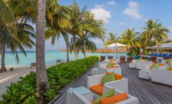 a tropical outdoor lounge area with white and orange cushions , palm trees , and a beautiful view of the ocean at Vilamendhoo Island Resort & Spa