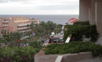 a view of a street with palm trees and buildings , overlooking the ocean in a tropical setting at Hotel Best Tenerife