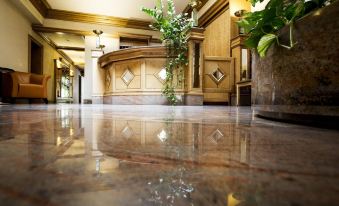 a large , well - lit hotel lobby with a marble floor and a reception desk in the center at Hotel Adler - Paulas Alb