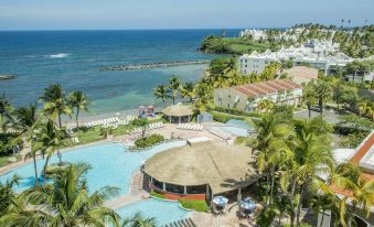 a resort with a large pool surrounded by palm trees and a beach in the background at Aquarius Vacation Club at Dorado del Mar