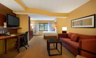 a modern hotel room with an open plan layout , including a living area , dining table , couch , and bed at Courtyard Oneonta Cooperstown Area