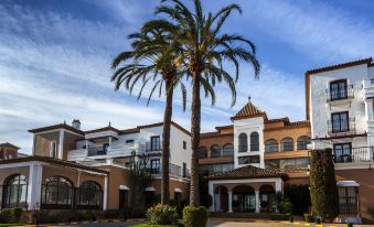 a large palm tree stands in front of a building , with a clock tower and other structures visible in the background at Barcelo Isla Canela Hotel