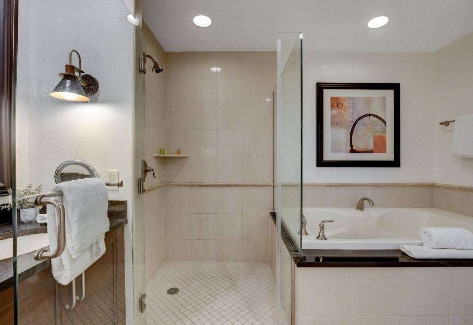 精英一室套房，1张特大床带梳化床，冰箱和微波炉，城市景观