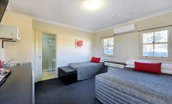 a room with two beds , one on the left and one on the right side of the room at Prince of Wales Hotel Gulgong