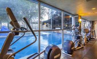 a gym with various exercise equipment and a pool view through the window , creating a relaxing atmosphere at Hilton Dallas Lincoln Centre