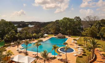 a large swimming pool with a clear blue water , surrounded by palm trees and umbrellas , in front of a body of water at Melia Panama Canal