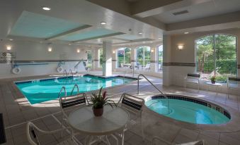 an indoor swimming pool area with a hot tub and lounge chairs , surrounded by white walls at Hilton Garden Inn Jackson/Madison