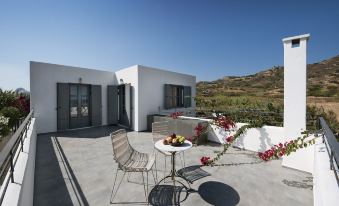 a patio with a table and chairs , surrounded by a lush garden and mountains in the background at Hotel Nefeli