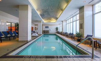 a large swimming pool with a blue and white tiled floor is surrounded by lounge chairs at Embassy Suites by Hilton Chicago Downtown Magnificent Mile